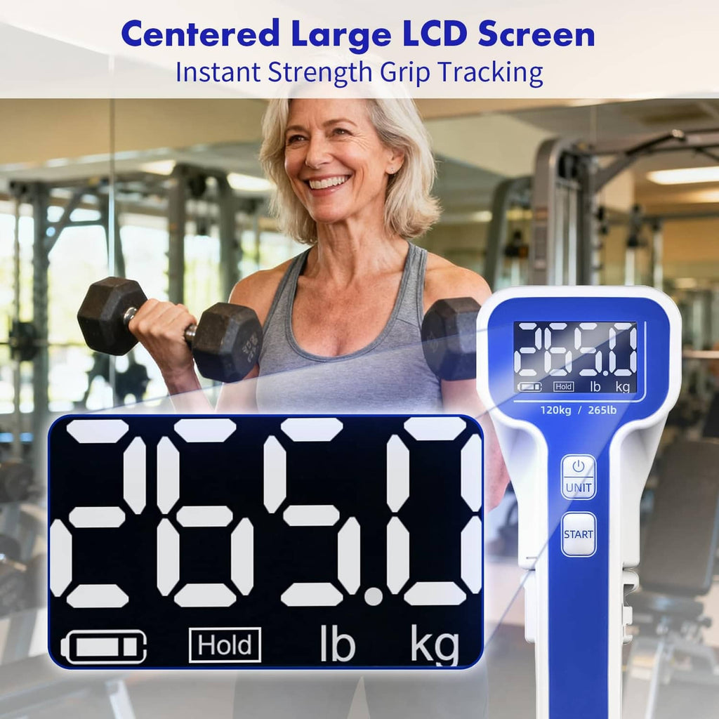 White and blue grip strength tester with large LCD screen showing grip readings in lb/kg.