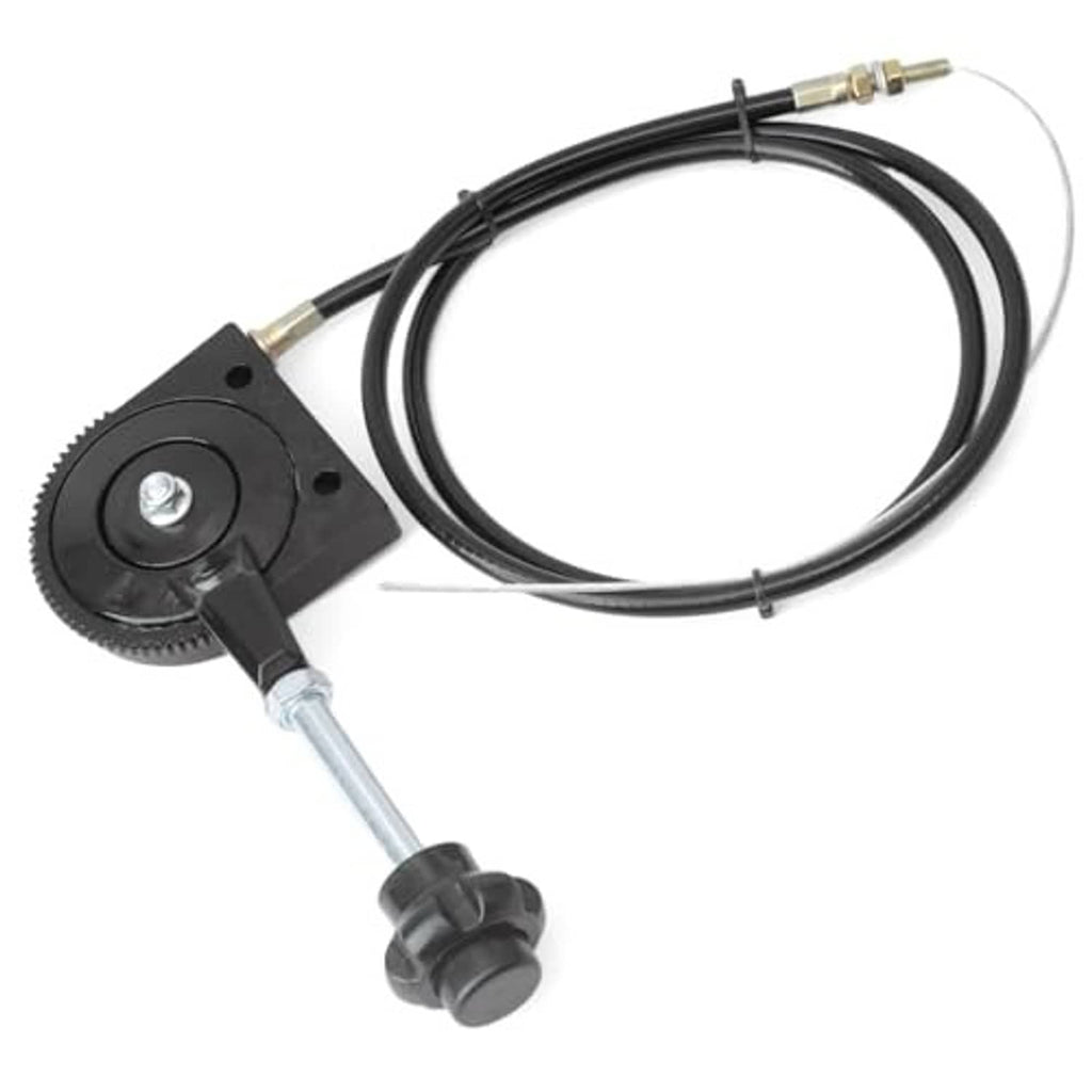 Throttle control cable actuator with black dial, lever, and two black cable segments