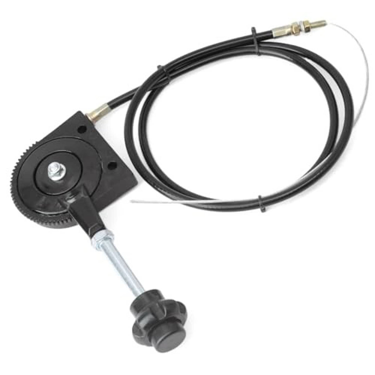 Throttle control cable actuator with black dial, lever, and two black cable segments