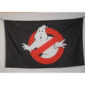 Ghostbusters flag banner on black fabric with large red-and-white ghost logo