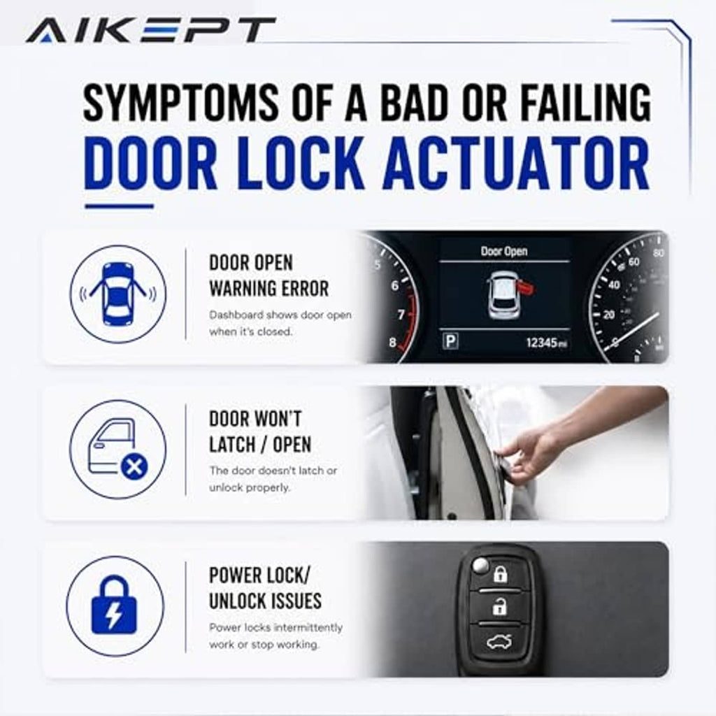 Door lock actuator diagnostic graphic showing symptoms of a failing door lock actuator