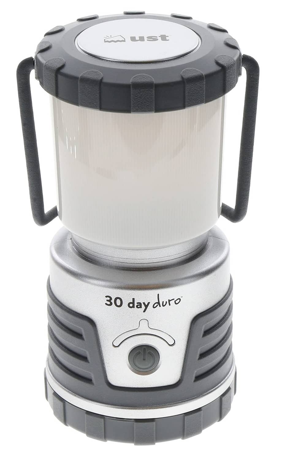 Gray lantern with white translucent body, top carry handle, and front control dial