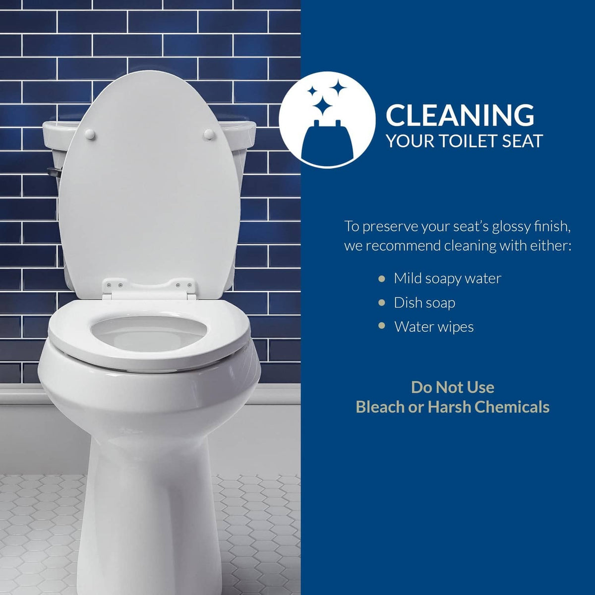 White round wood toilet seat with open lid and rear hinge brackets