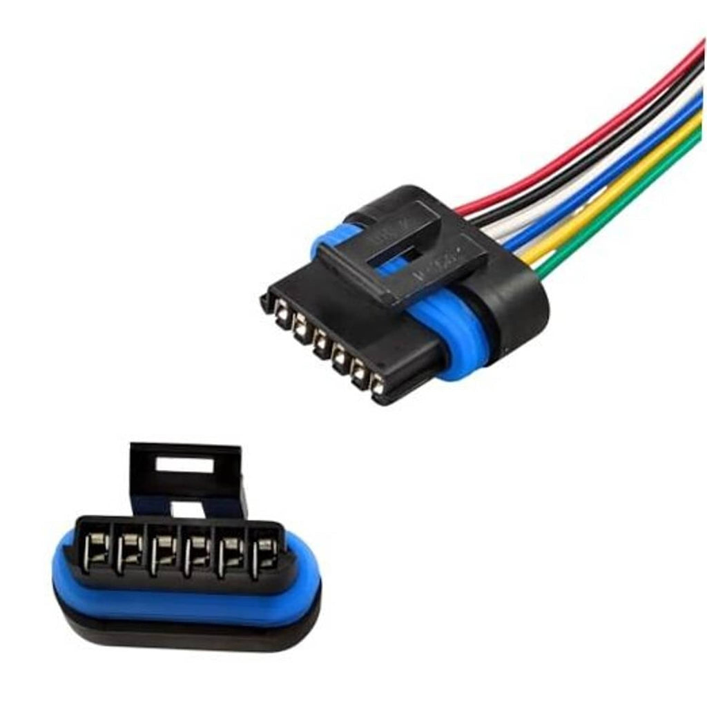 6-pin TPS wiring pigtail connector with blue seal and multicolor wire leads