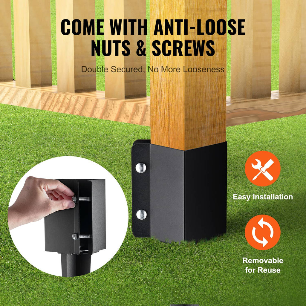 Black fence post ground spike anchor with two bolts and included mounting nuts