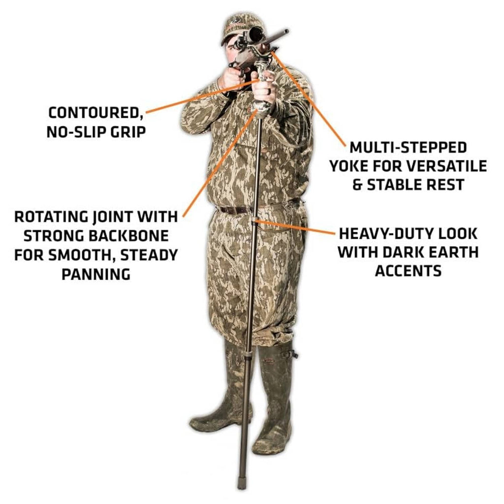 Camo shooting stick monopod with no-slip grip and multi-step adjustable yoke