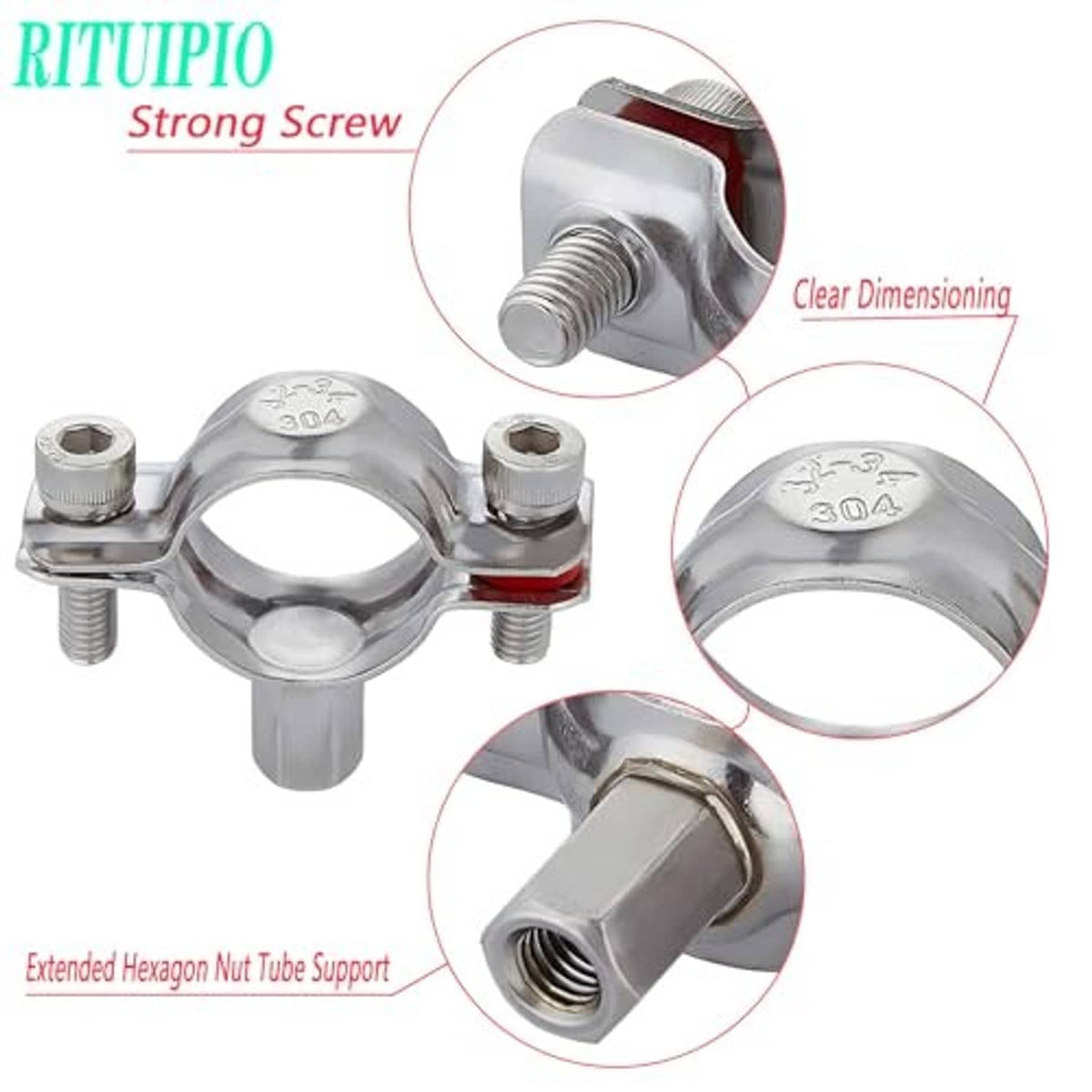 Stainless split ring pipe hanger with extended hex nut tube support and red gasket
