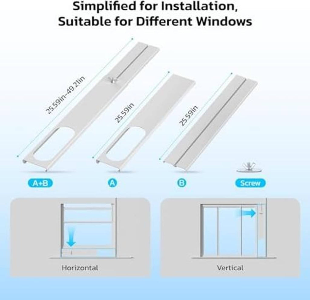 Window installation kit panels for a portable air conditioner, shown with mounting brackets.