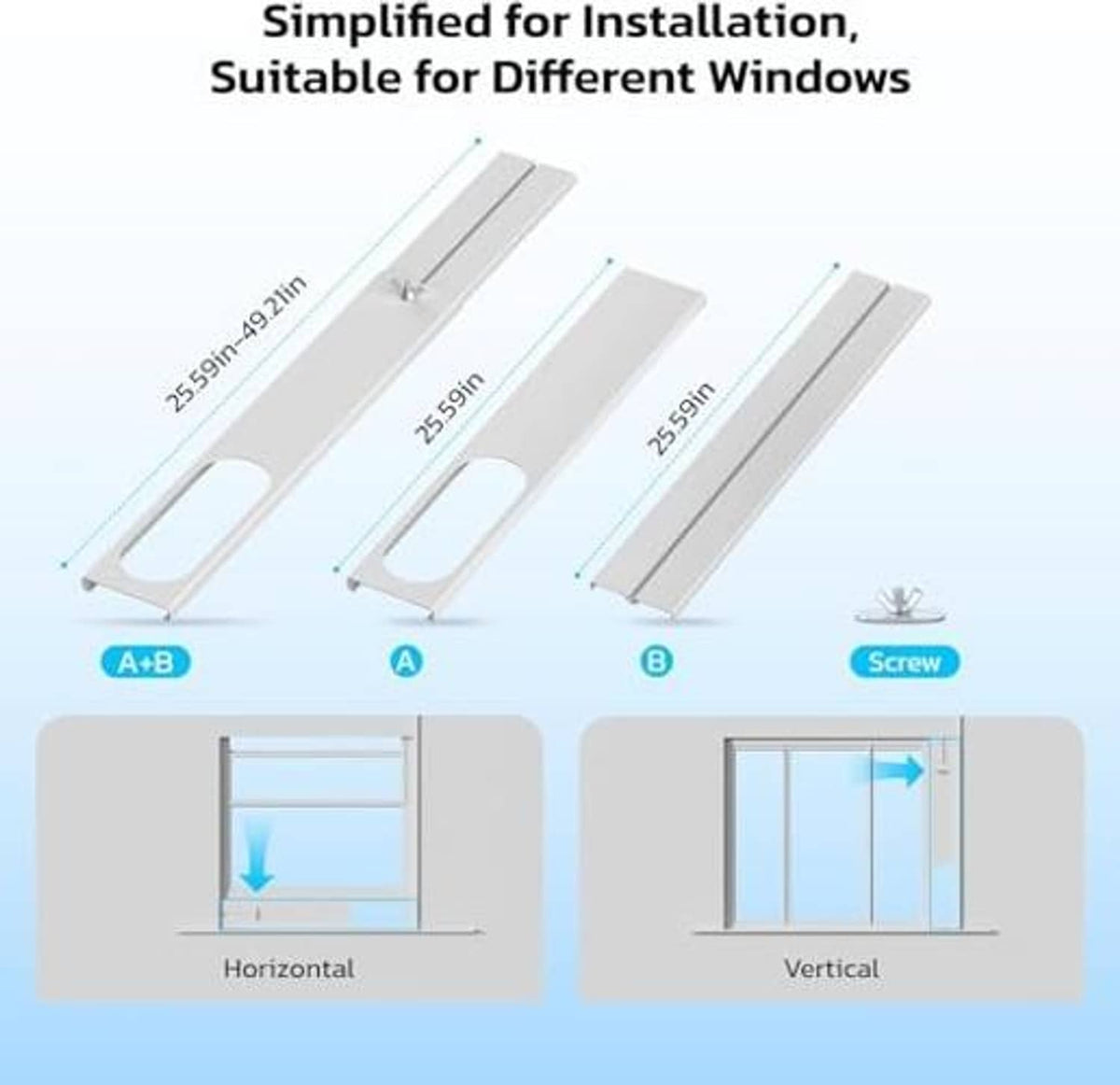 Window installation kit panels for a portable air conditioner, shown with mounting brackets.