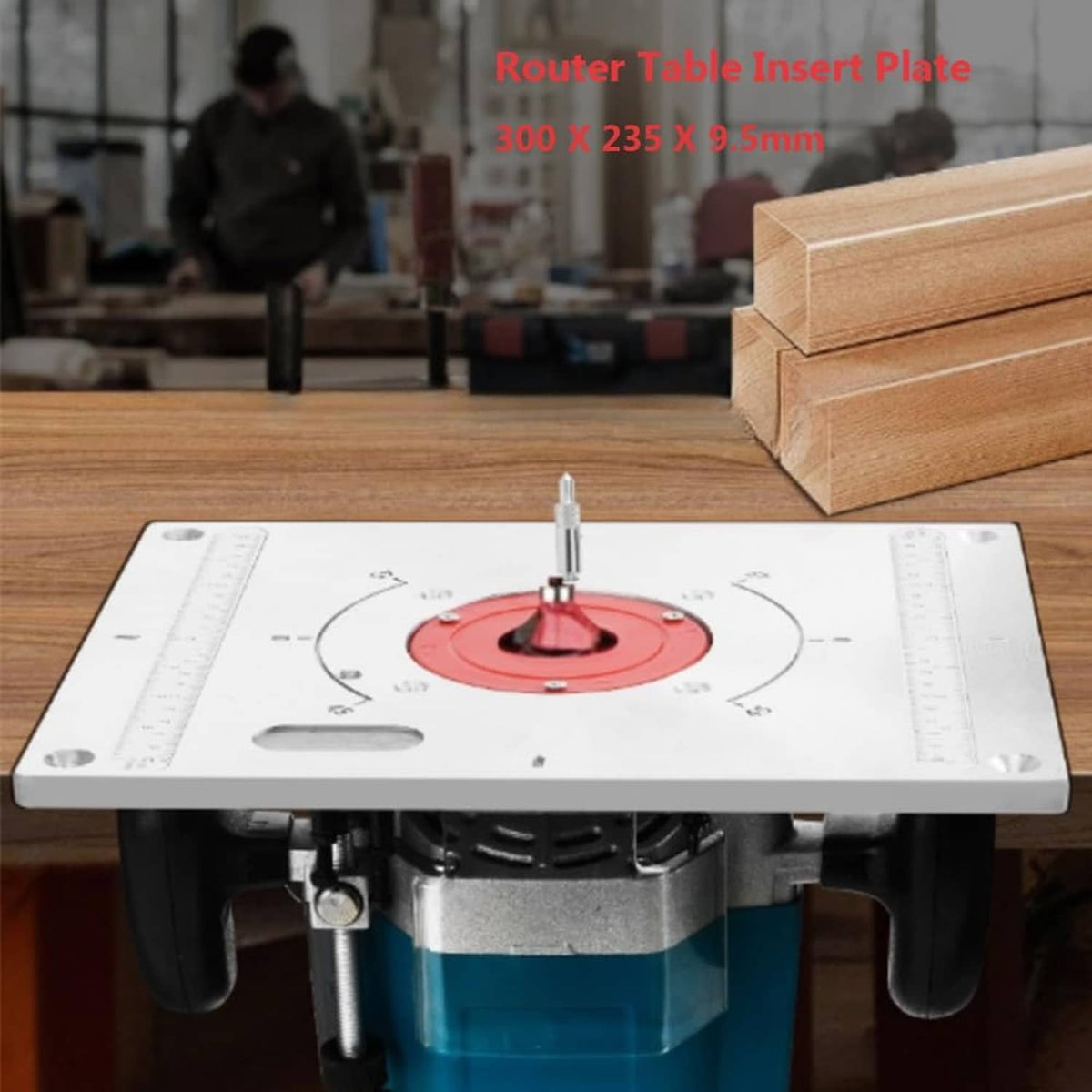 Aluminum router table insert plate on router table with red insert and mounting screws