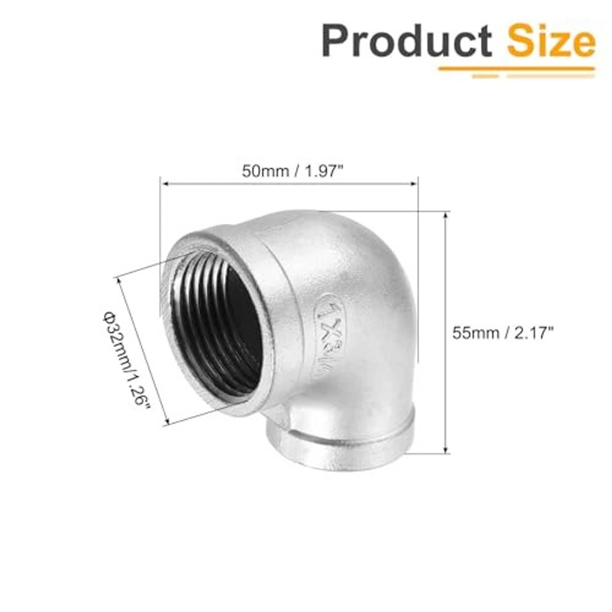 Stainless steel 90° elbow pipe fitting with 1 in PT female and 3/4 in PT female