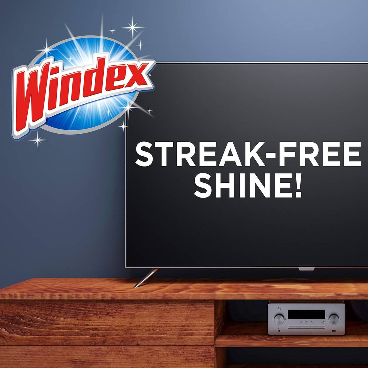 TV screen with Windex streak-free shine graphic for electronic cleaning