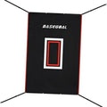 Black vinyl baseball backstop with BaseGOAL logo and red strike-zone rectangle graphic