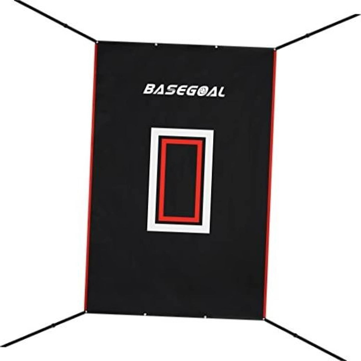 Black vinyl baseball backstop with BaseGOAL logo and red strike-zone rectangle graphic