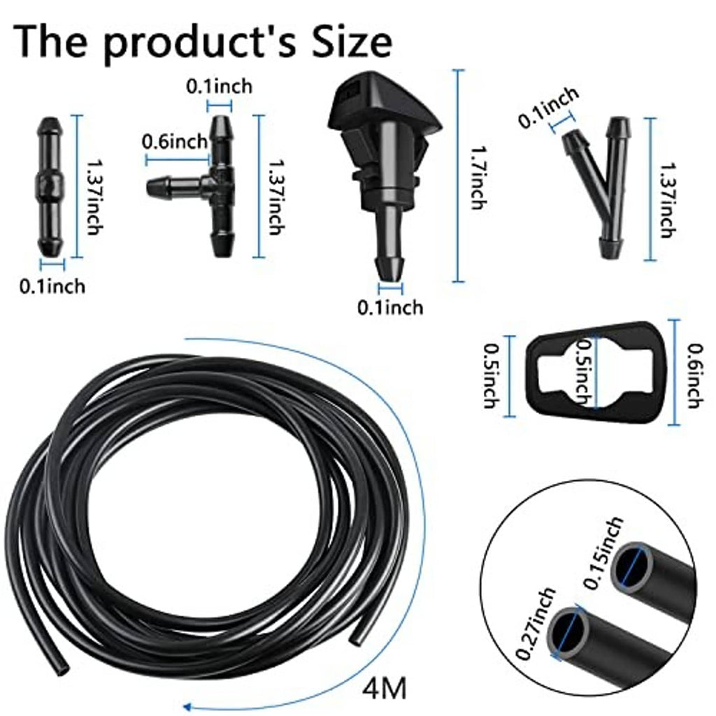 Washer nozzle kit size diagram with coiled hose, nozzles, clips, and adapters