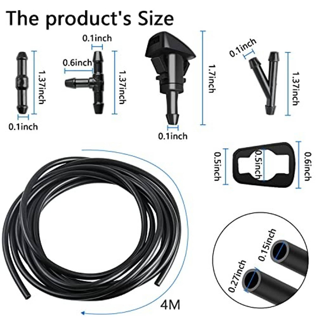 Washer nozzle kit size diagram with coiled hose, nozzles, clips, and adapters