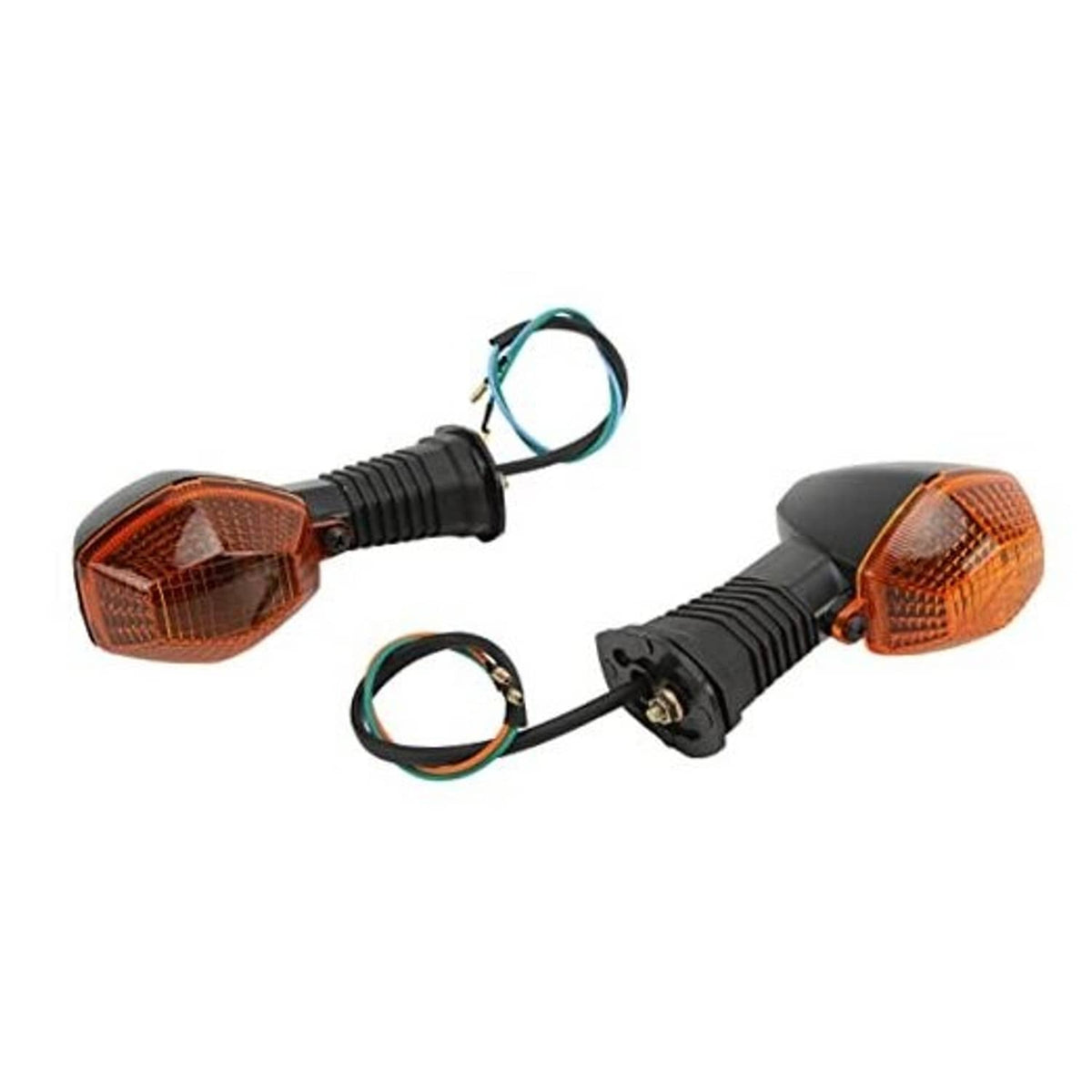 Amber front motorcycle turn signal lamp with black housing and attached wire pigtail