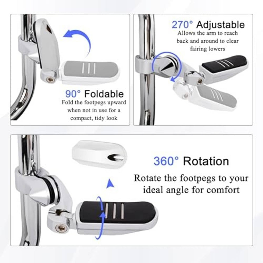 Chrome foldable adjustable foot pegs with black rubber pads and short angled mounts