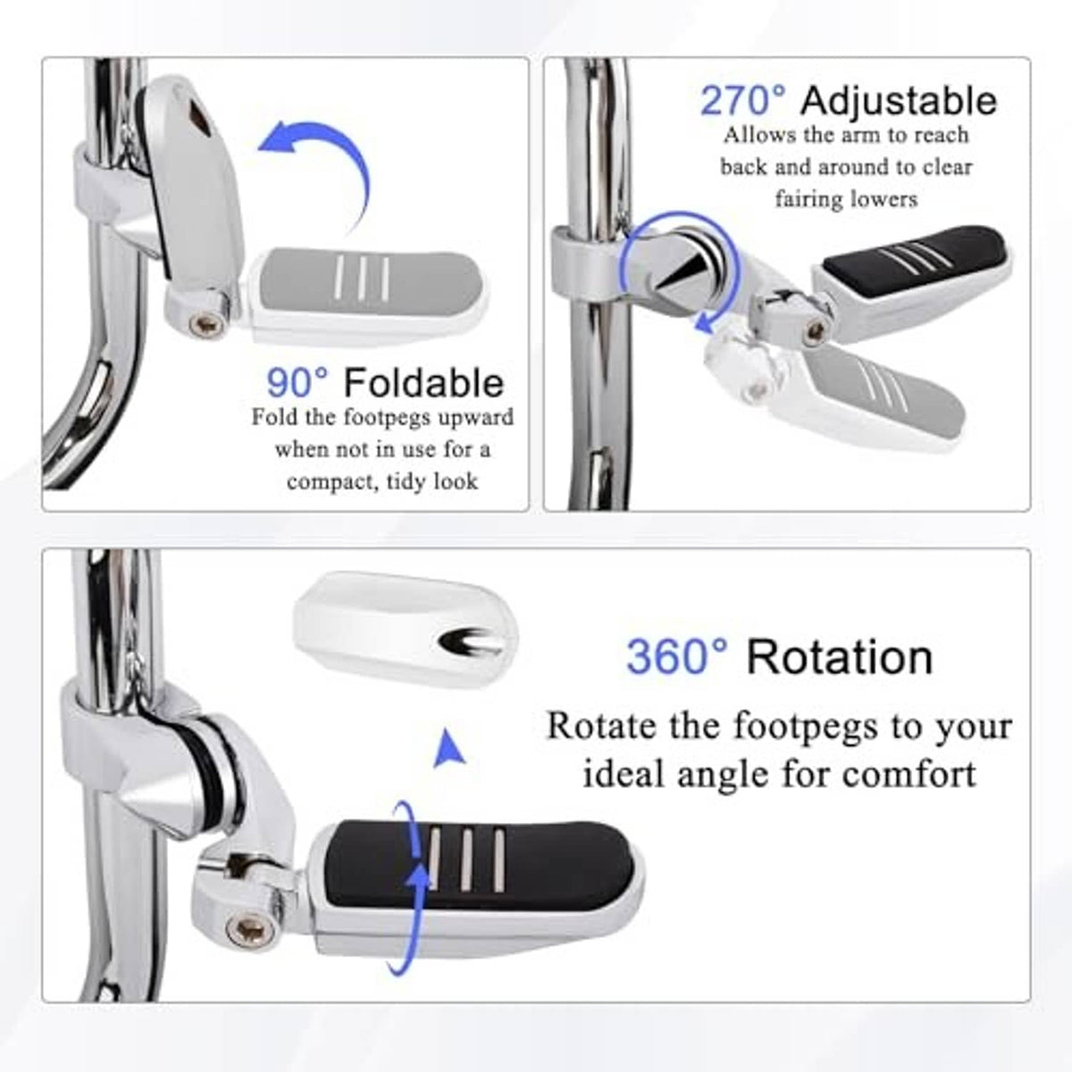 Chrome foldable adjustable foot pegs with black rubber pads and short angled mounts