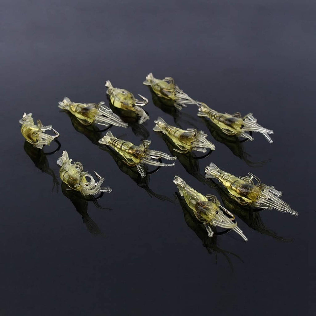 Group of green-yellow translucent shrimp-style soft plastic fishing lures with treble hooks