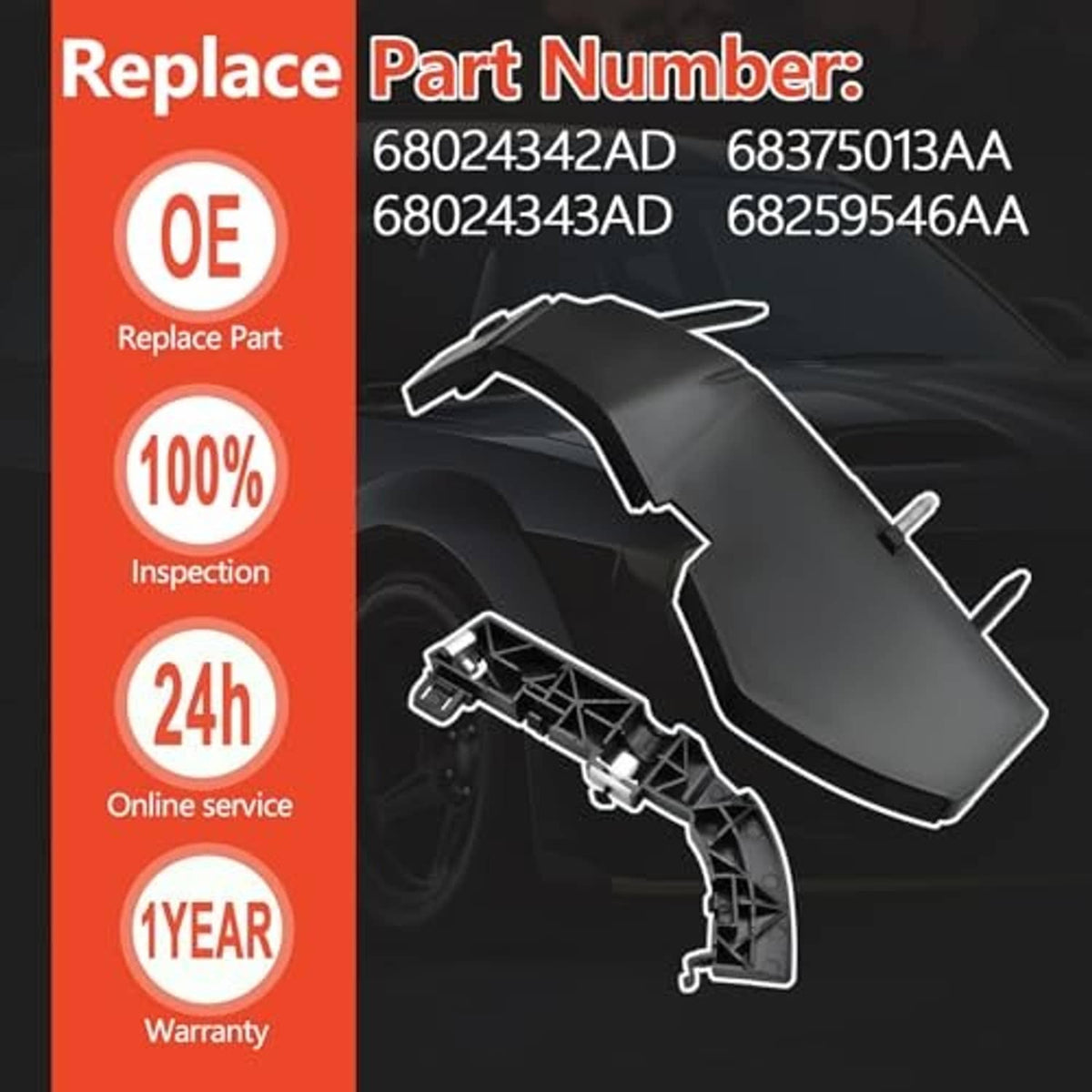 Black bumper support bracket cover retainer set with molded plastic cover and pins
