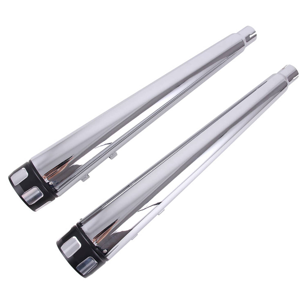 Chrome megaphone mufflers with black end caps and silver mounting tabs