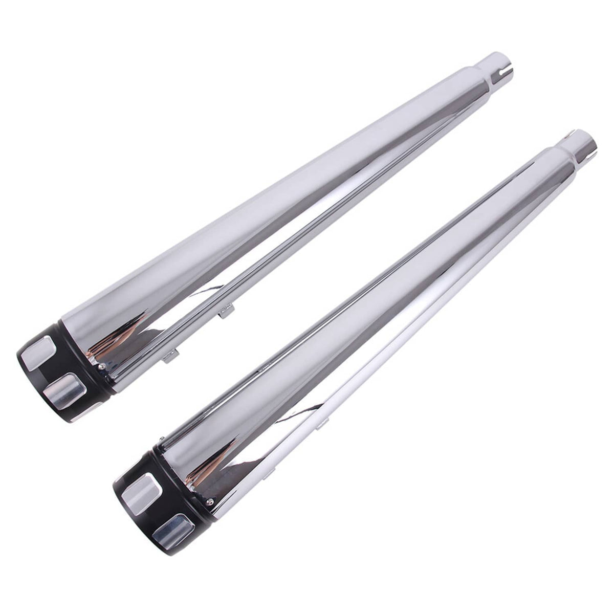 Chrome megaphone mufflers with black end caps and silver mounting tabs