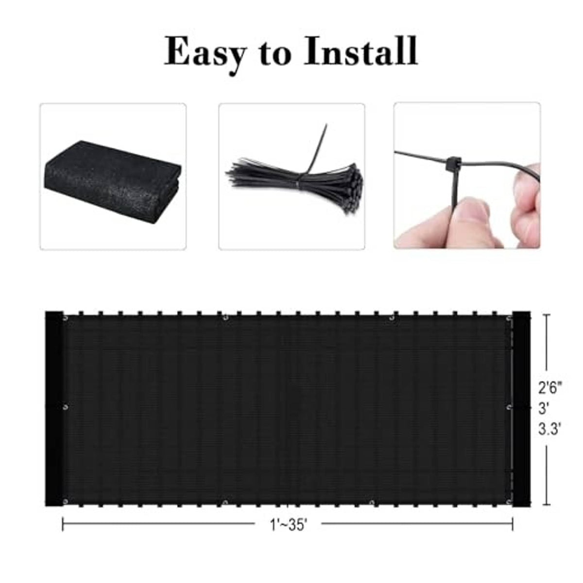 Black balcony privacy screen fabric with corner grommets and size markings