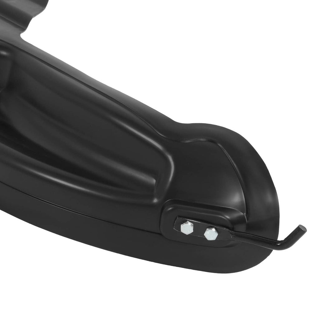 Close-up of black mulching blade side mounting plate with two hex bolts