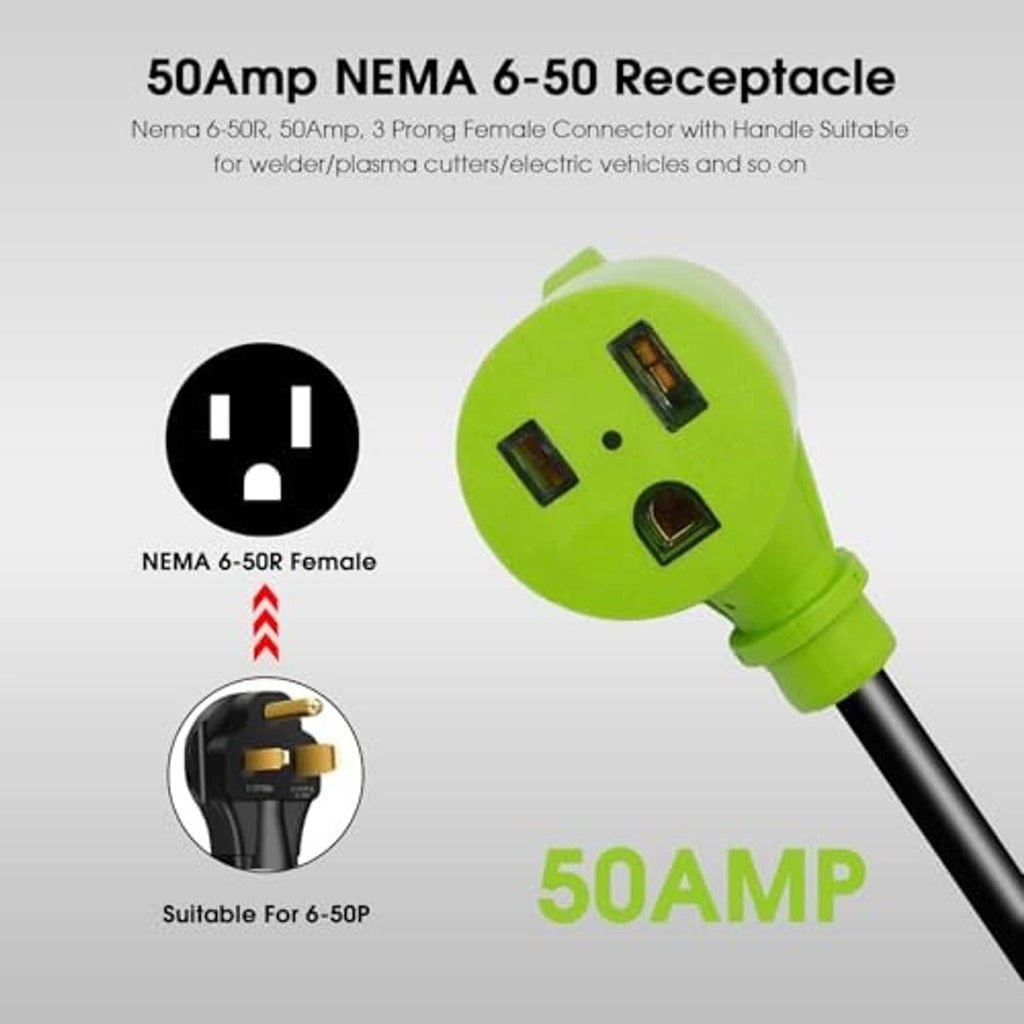 Green 6-50R receptacle end on black generator-to-welder adapter cord
