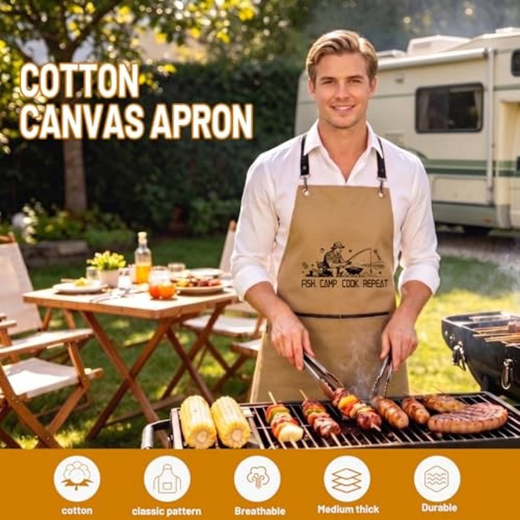 Khaki cotton canvas apron worn outdoors, with “FISH. CAMP. COOK. REPEAT” center graphic.