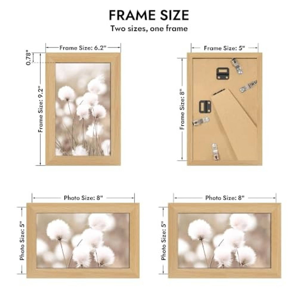 5x8 oak picture frame size chart with frame and photo measurements
