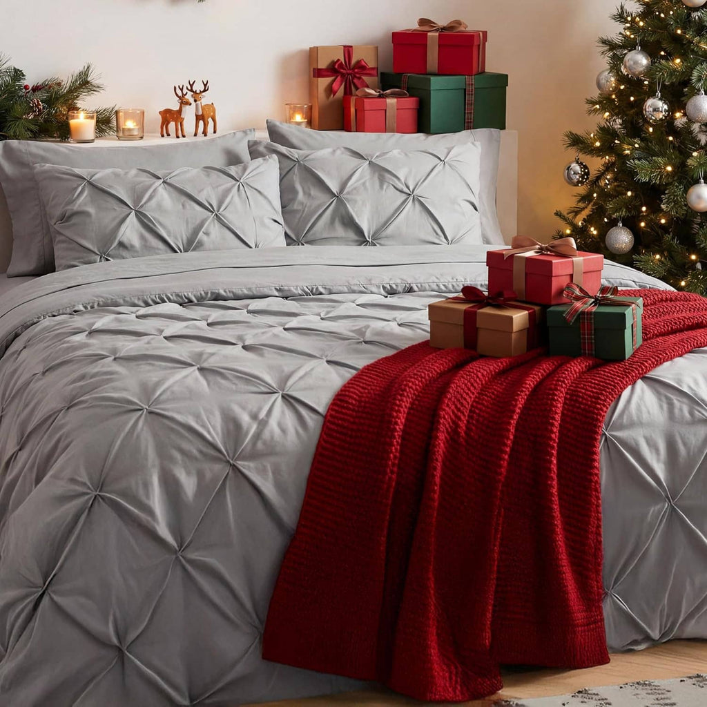 Grey queen comforter set with pinch-pleat quilting and matching pillows