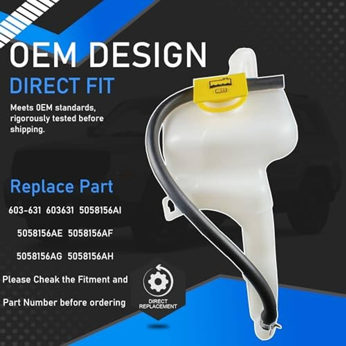White coolant overflow reservoir tank with yellow cap, black hose, and mounting tab