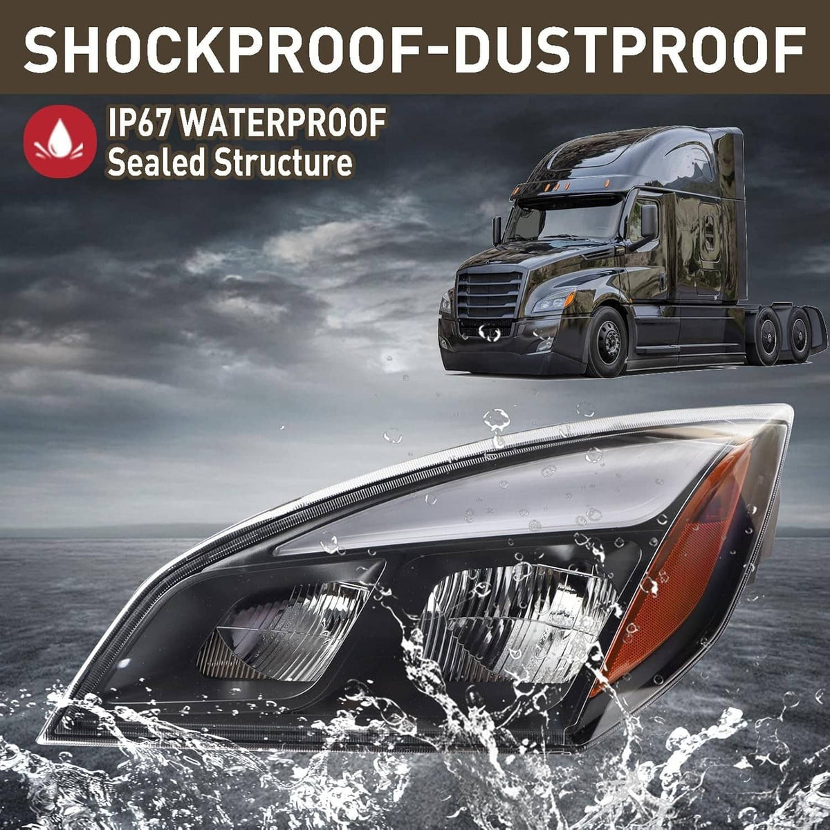LED headlight with water-splash protection, clear lens and black housing