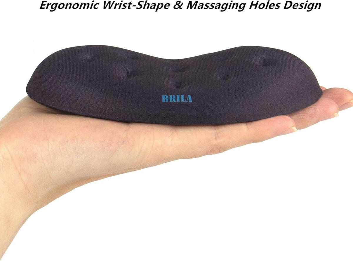 Ergonomic mouse wrist rest pad, dark fabric top with raised BRILA logo and oval shape