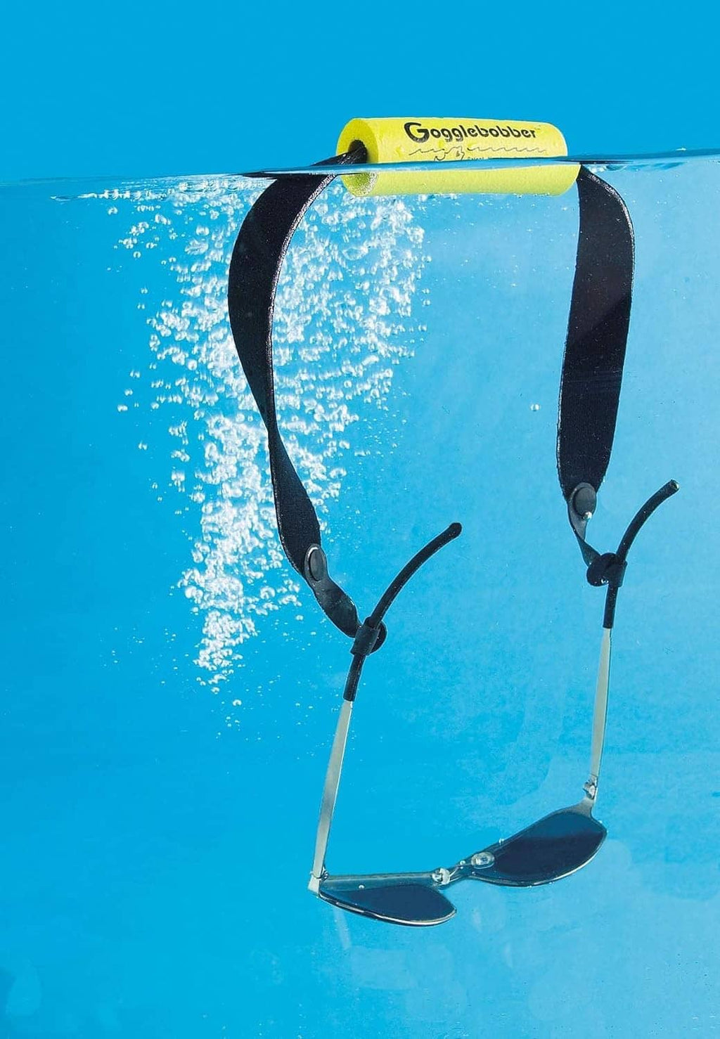 Water-ready floating eyewear strap with black fabric and yellow foam buoy
