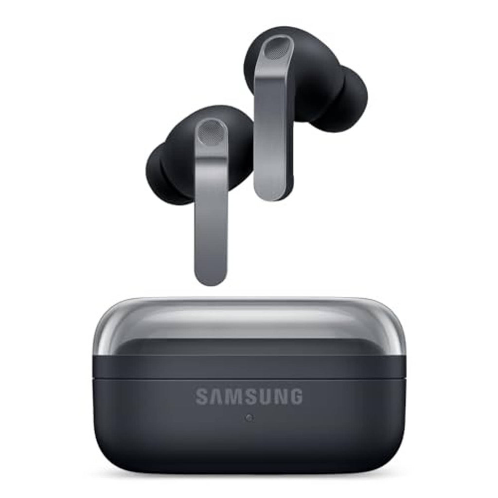 Black true wireless earbuds with charging case front view, two stem earpieces