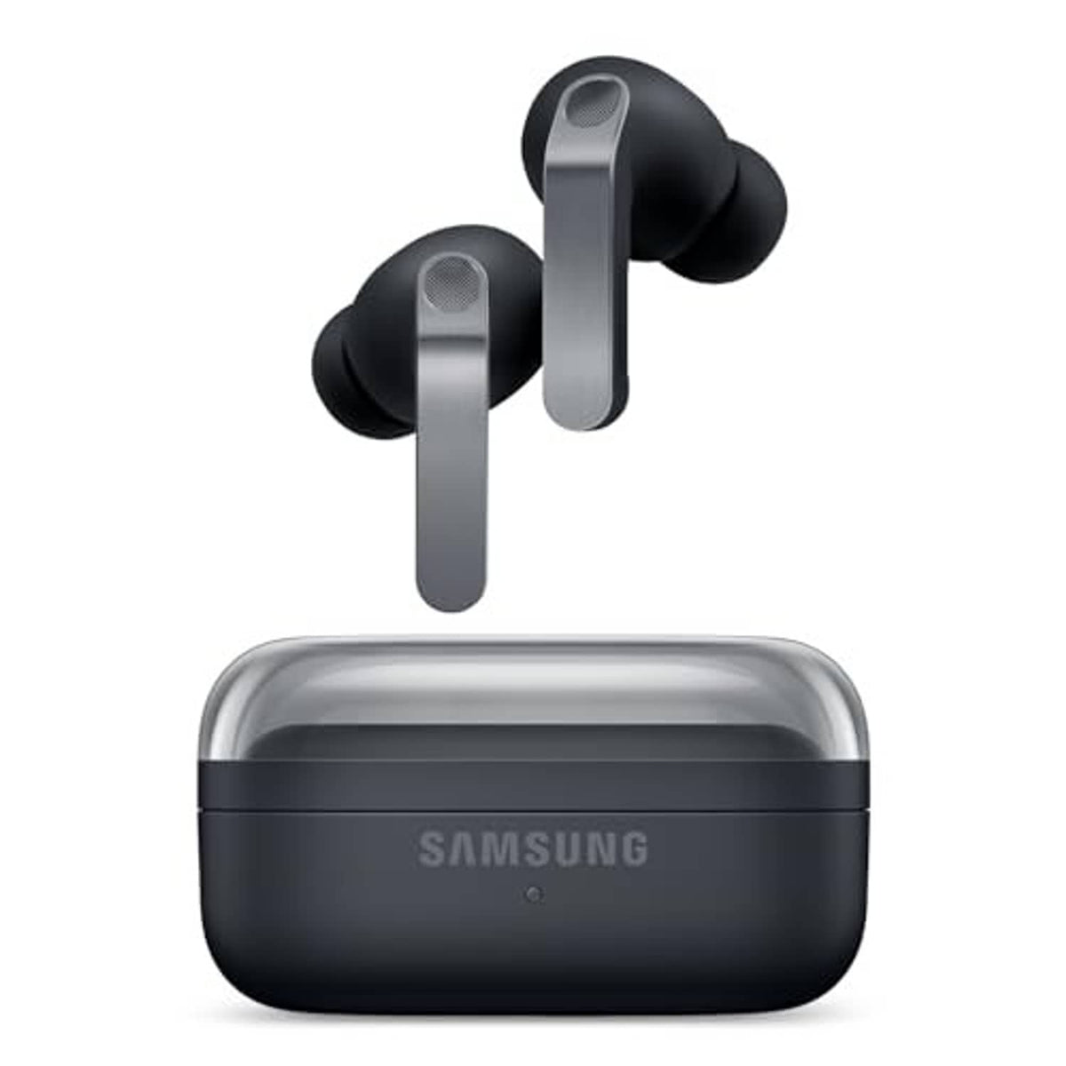 Black true wireless earbuds with charging case front view, two stem earpieces