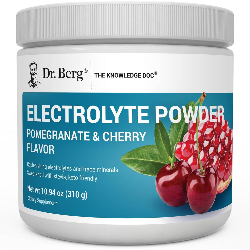 Dr. Berg electrolyte powder tub with pomegranate & cherry flavor label