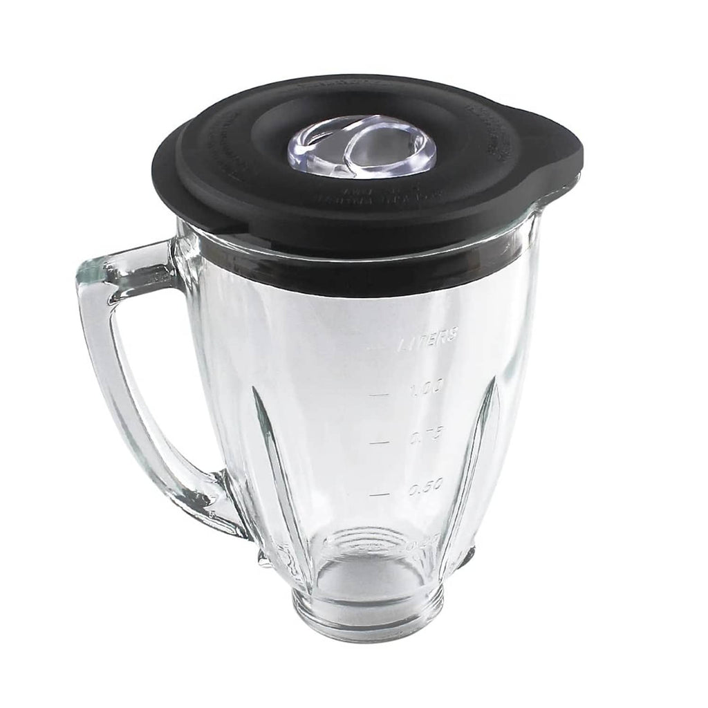 Clear blender jar with black lid and transparent measurement markings