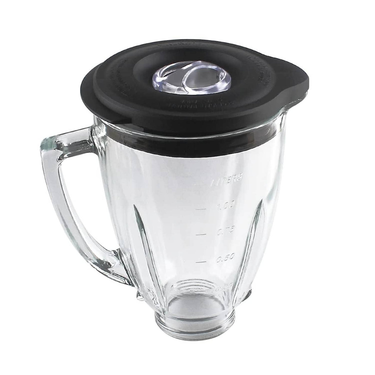 Clear blender jar with black lid and transparent measurement markings
