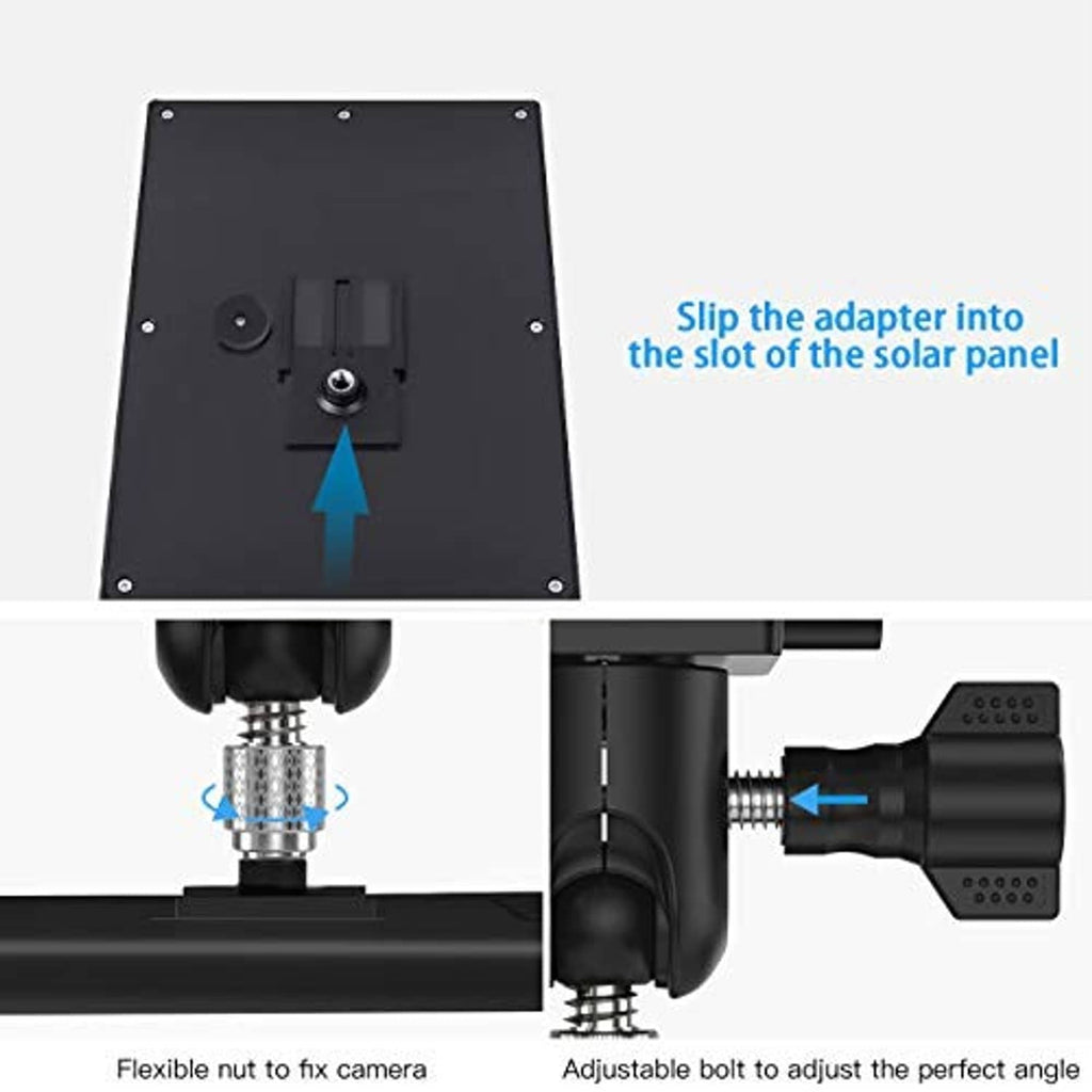 Black solar panel adapter plate with adjustable bolt, mounting nut, and connector