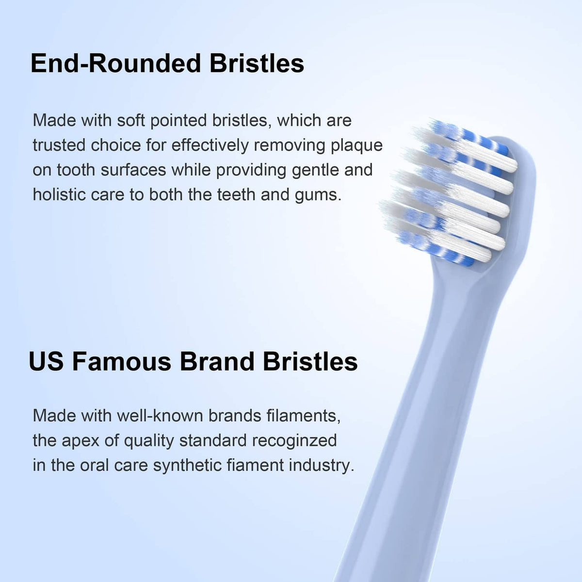 Close-up of blue replacement toothbrush bristles with end-rounded tips on a head