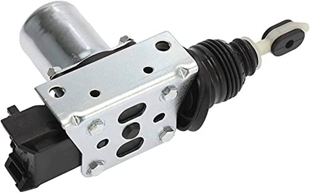 Power door lock actuator with silver mounting plate, black boot, and rod key