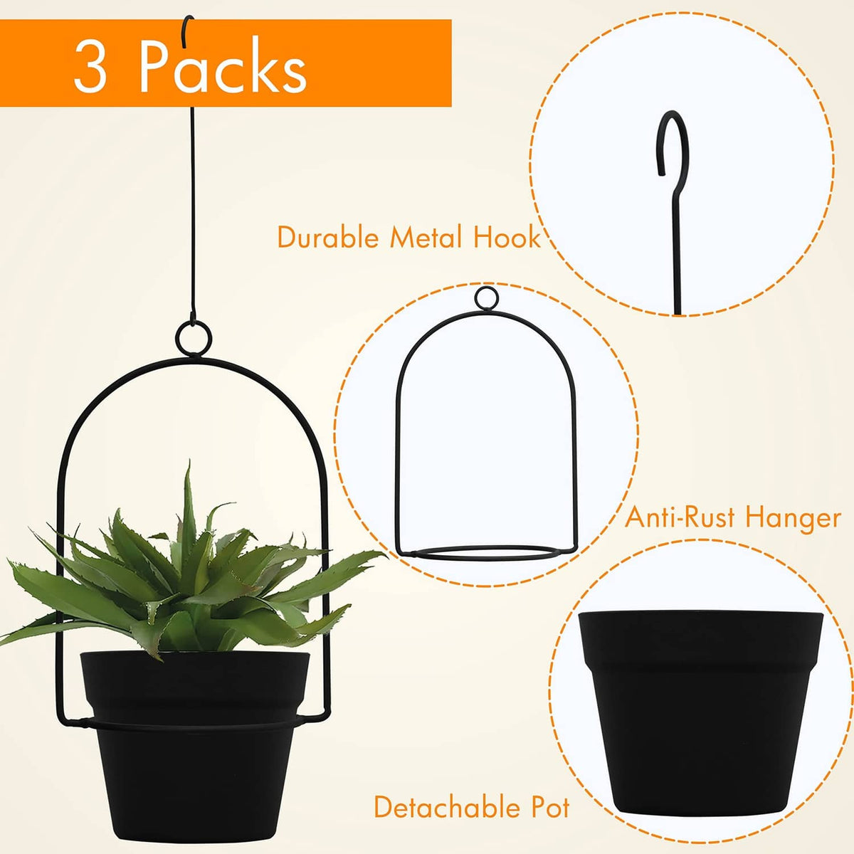 Black hanging plant pot with curved metal hook and round rim, shown as a set