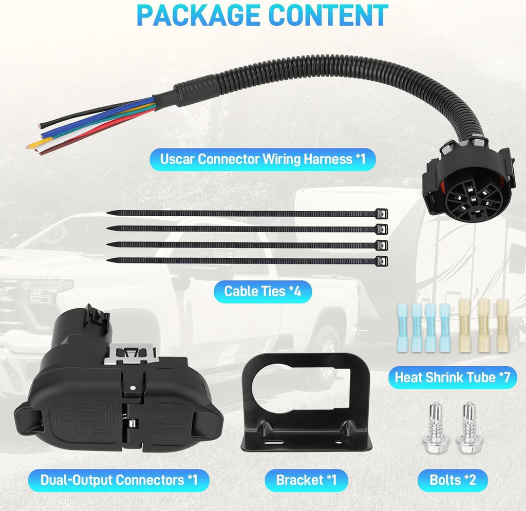 Package contents: 7-pin wiring harness, bracket, cable ties, heat-shrink tubes, and bolts