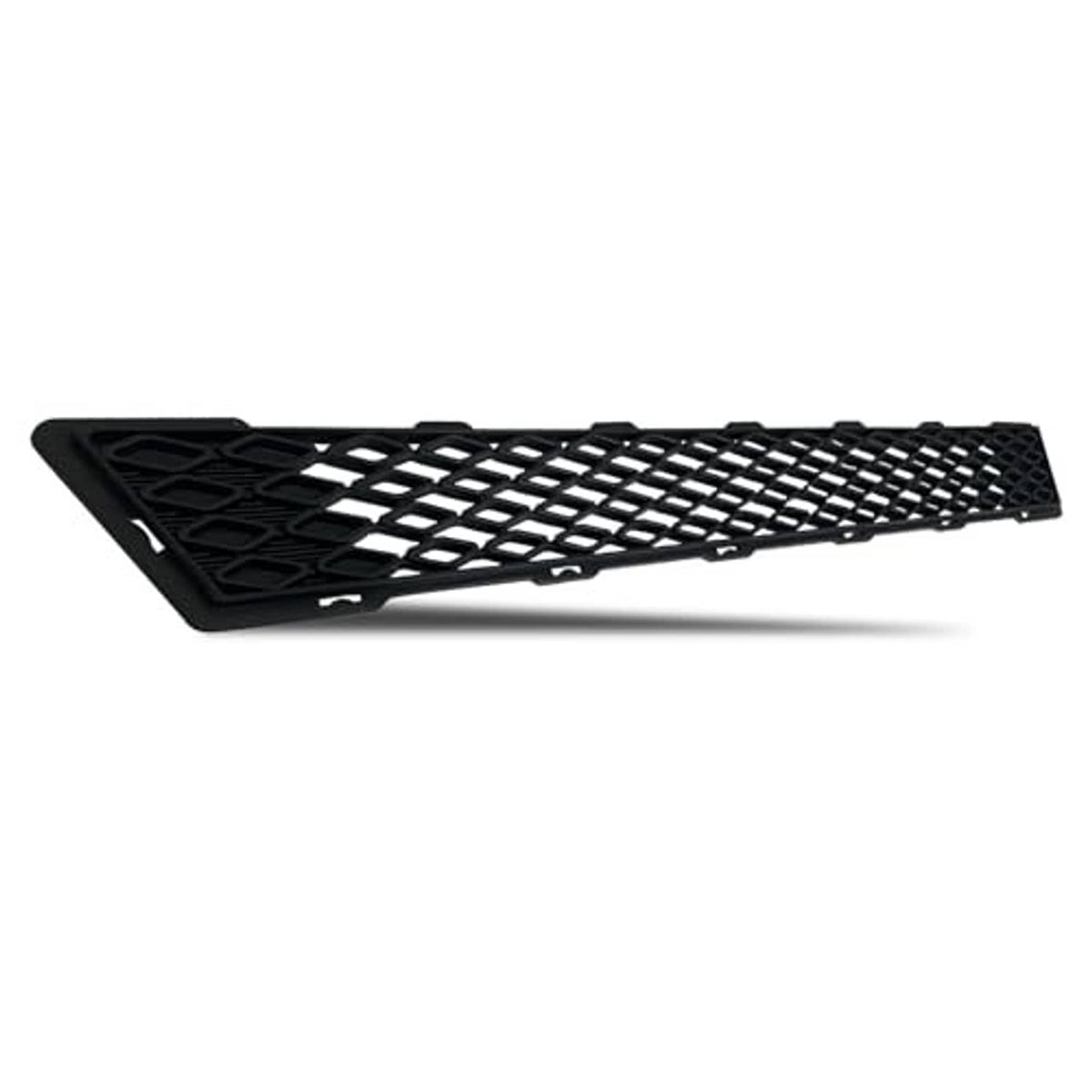 Black front bumper lower grille insert, angled close-up mesh panel
