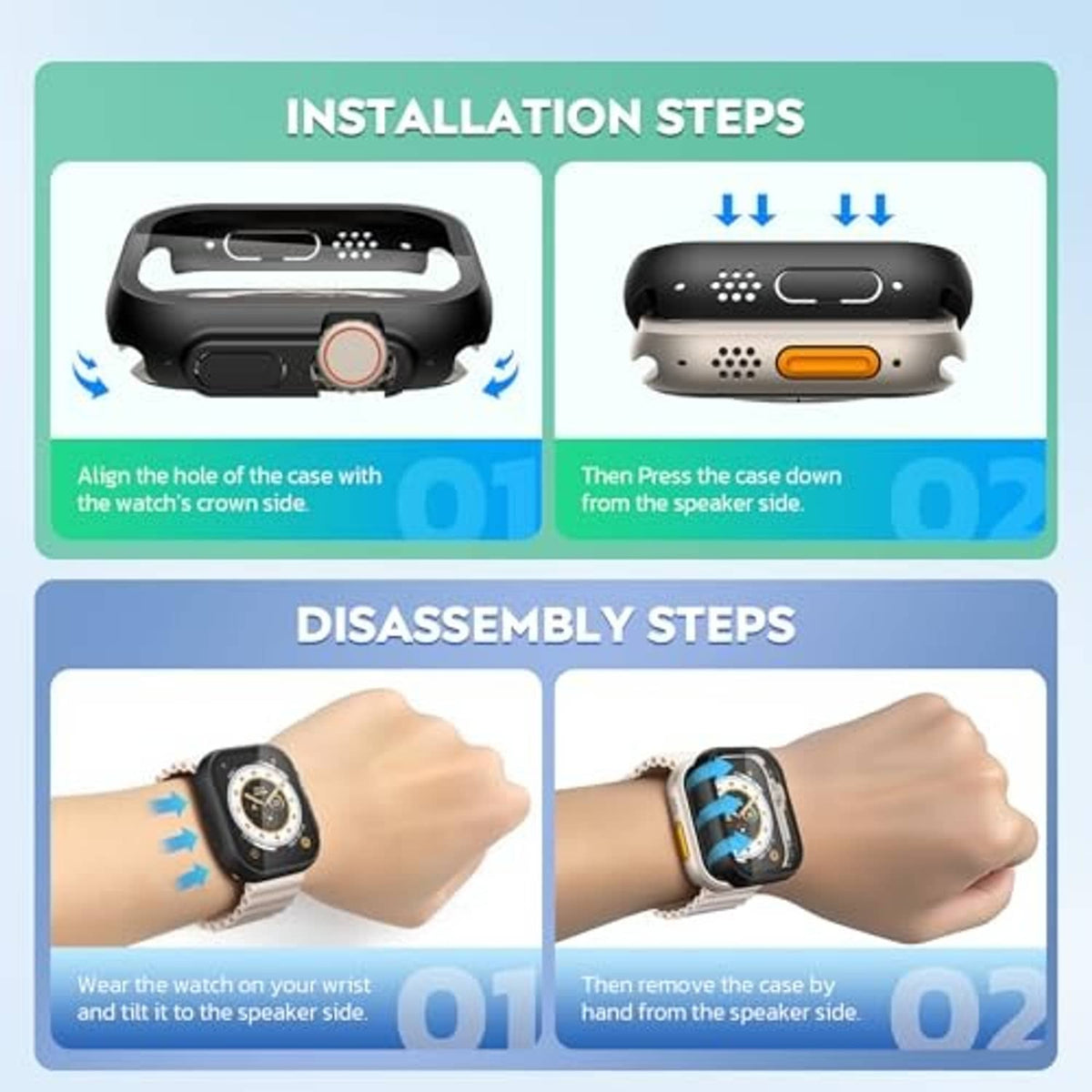 Black hard PC smartwatch case installation steps showing alignment and press-down action