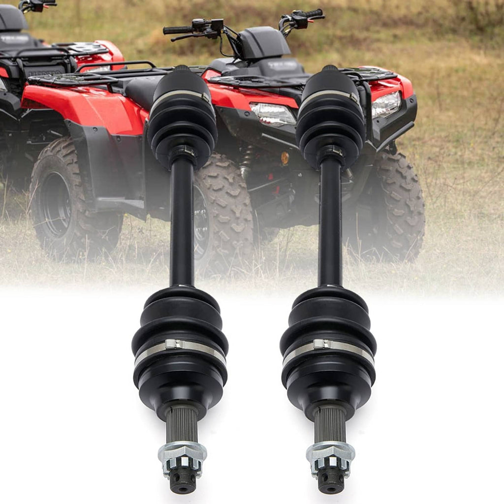 Two CV axle drive shafts with black rubber boots and metal joint ends